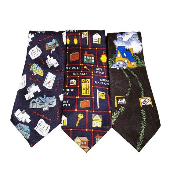 Other - Vtg Realtor Tie Real Estate Lot x3 Black Blue Silk House For Sale Sold Realty